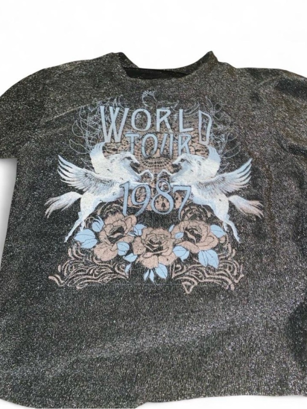 Altar’d State Top World Tour Oversized Shimmer Sparkle Tee Gray Shirt Size Small